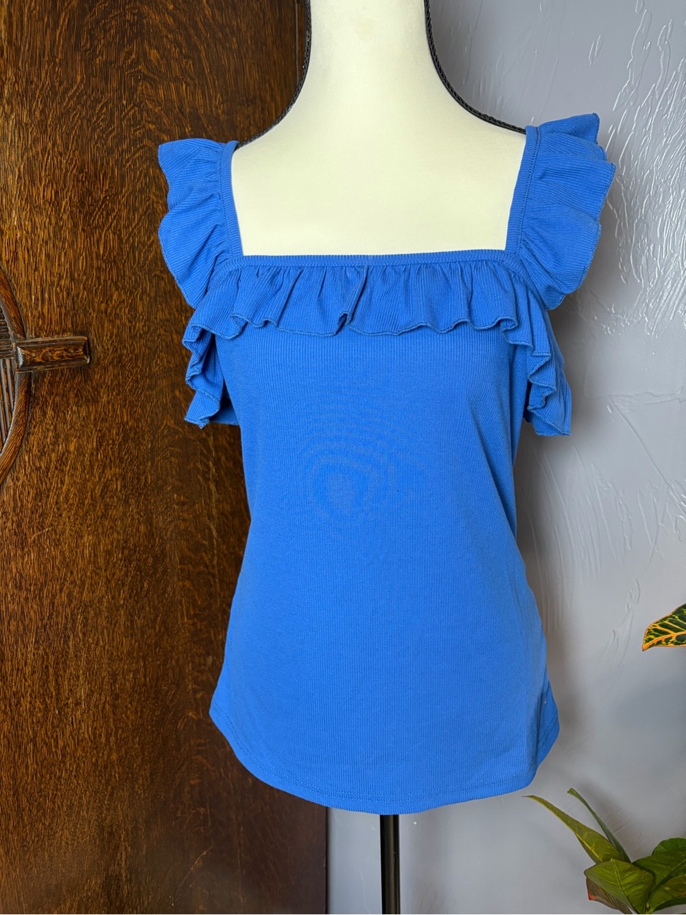 Ruffle Strap Tank Tops Sleeveless Square Neck Knitted Camisole Blue